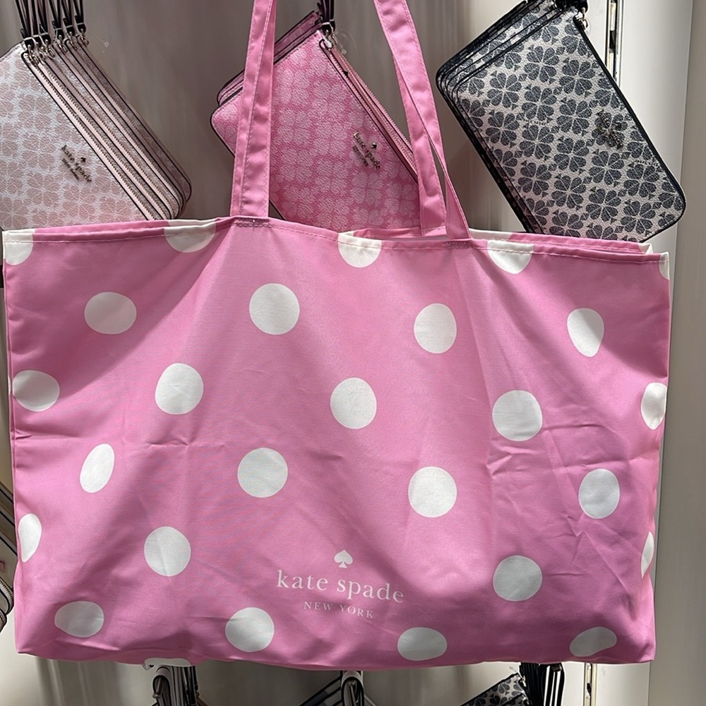 Kate Spade Soft Pink-White Polka Dots Canvas Tote XL Reusable Shopping Beach Bag - Picture 14 of 16
